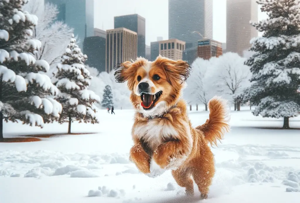 dog playing in the snow downtown denver