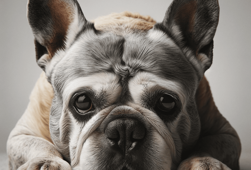 A compassionate portrayal of an old French Bulldog (Frenchie) showing signs of discomfort and pain.