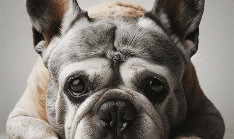 A compassionate portrayal of an old French Bulldog (Frenchie) showing signs of discomfort and pain.