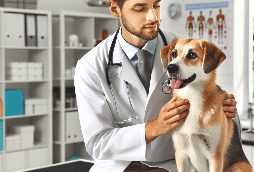 A picture of a veterinarian with a dog in a clinic setting. The veterinarian is wearing a white lab coat and has a stethoscope around their neck