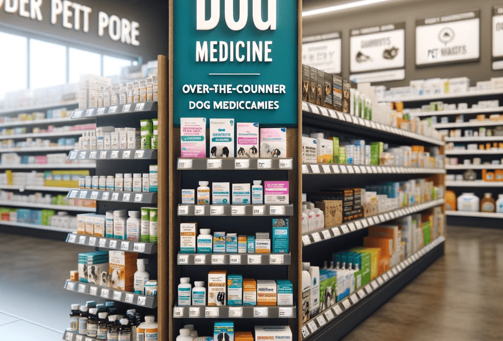 An-image-depicting-over-the-counter-dog-medicine-available-in-a-pet-store-The-setting-is-a-well-organized-pet-store-aisle-with-shelves-stocked