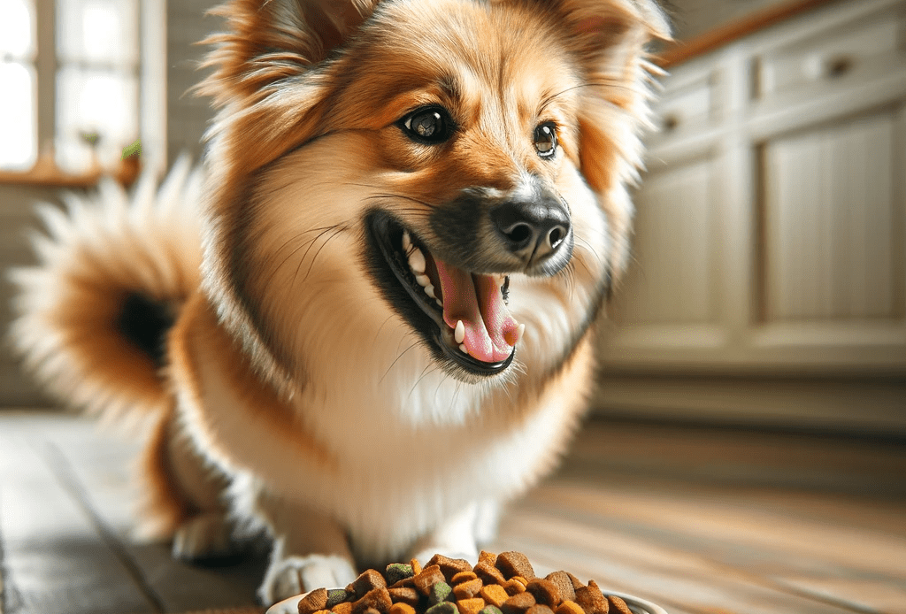 A-happy-domestic-dog-eating-dog-food-from-a-bowl-The-dog-should-have-a-fluffy-coat-with-ears-perked-up-and-a-wagging-tail