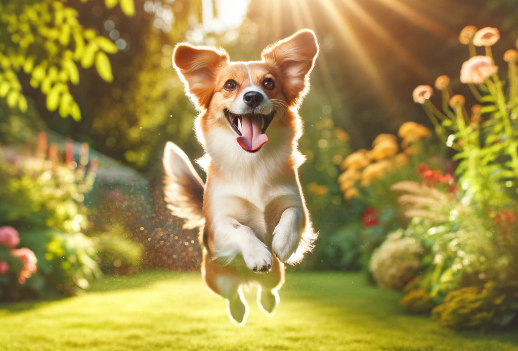 An-image-of-a-joyful-dog-exuding-happiness-The-dog-is-mid-jump-with-its-tongue-out-ears-flying-and-tail-wagging-vigorously-Its-a-sunny-day