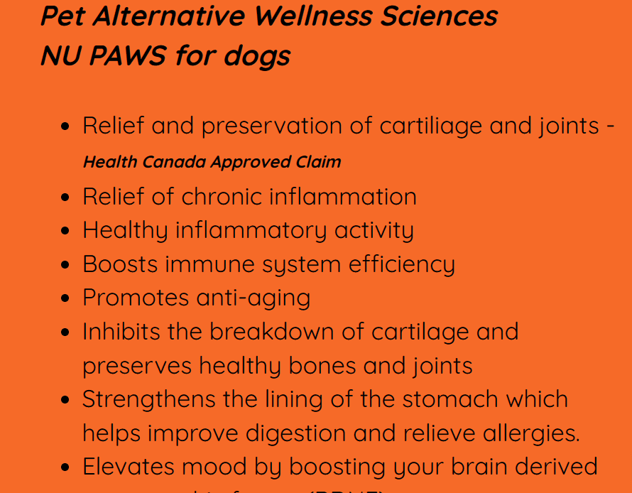 The image lists general health benefits of Pet Alternative Wellness Sciences NU Paws product, including joint health and immune system support for dogs.