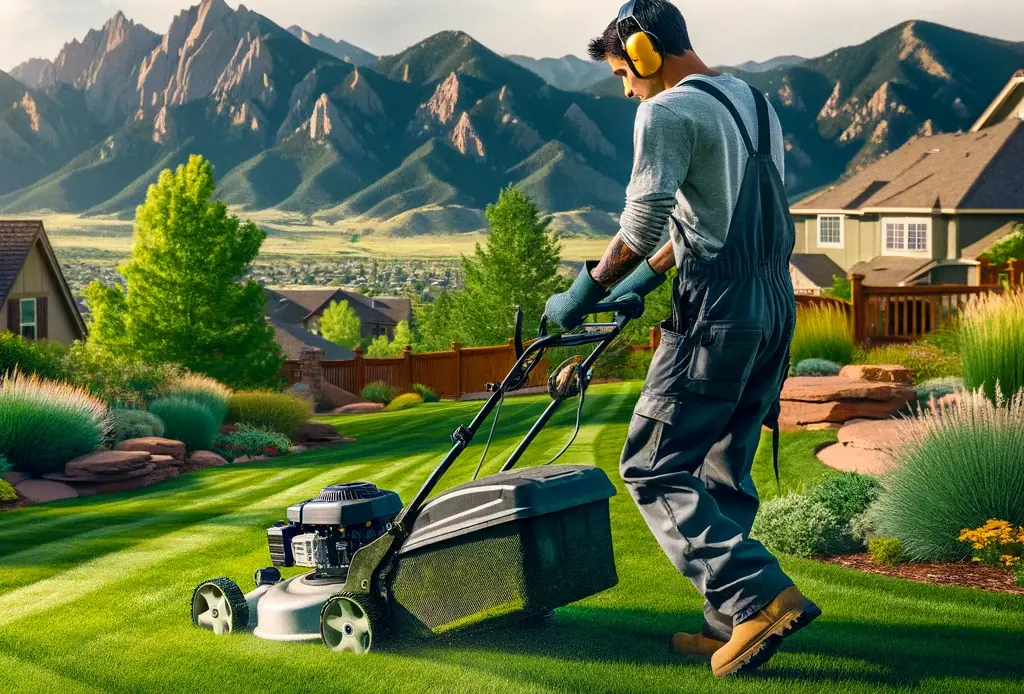 A-lawn-service-technician-is-mowing-a-lush-green-lawn-in-Littleton-Colorado-The-background-showcases-the-beautiful-Rocky-Mountains-