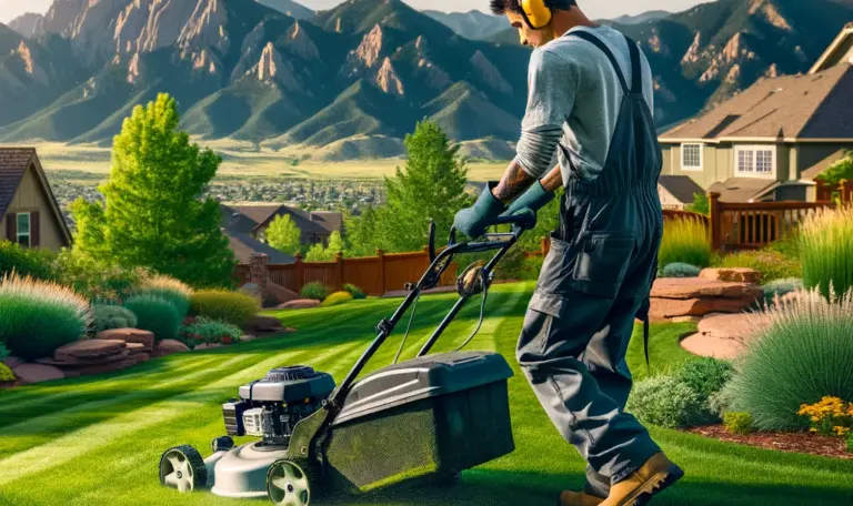 A-lawn-service-technician-is-mowing-a-lush-green-lawn-in-Littleton-Colorado-The-background-showcases-the-beautiful-Rocky-Mountains-